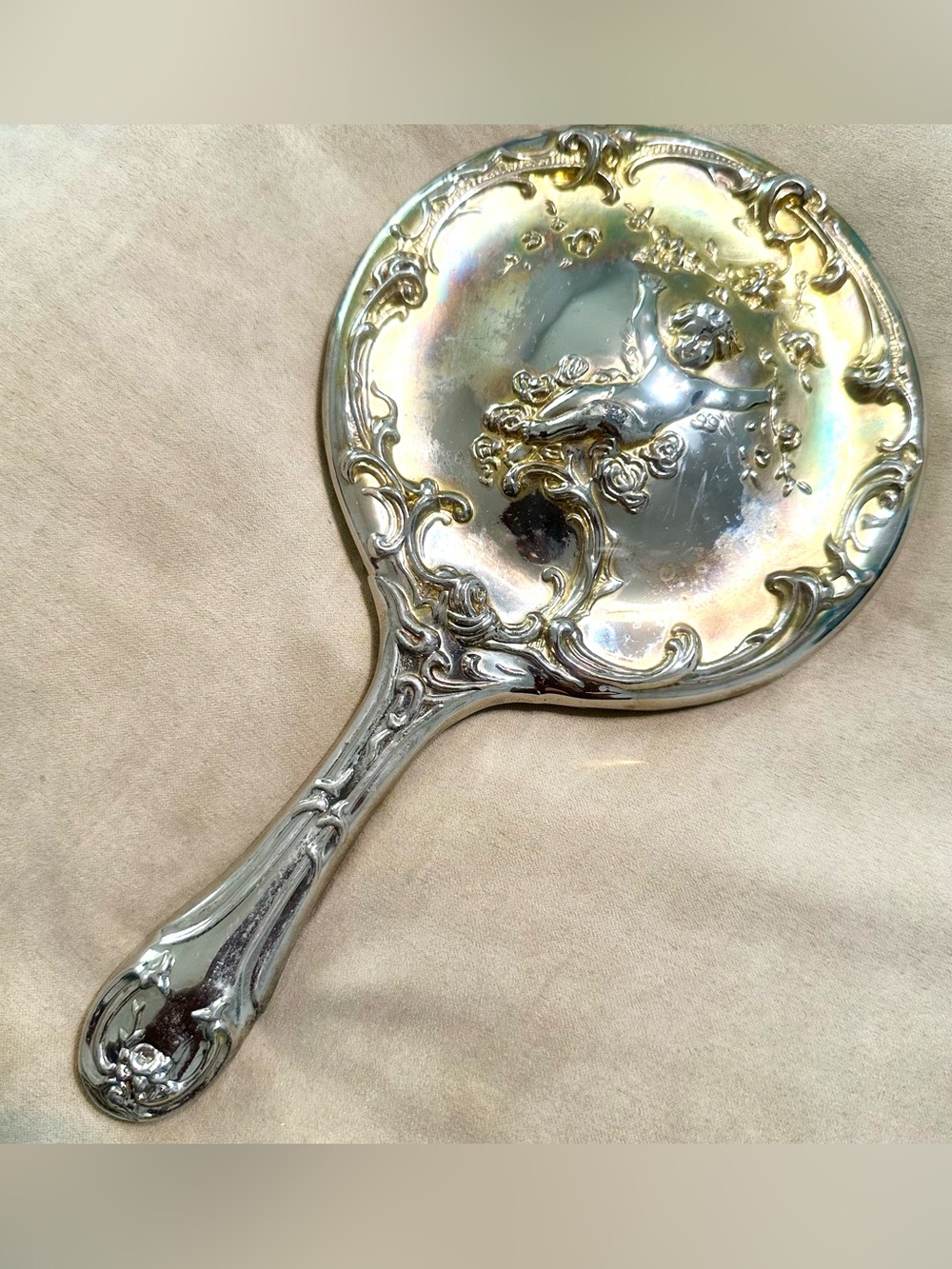 Vintage 10" Heavy Silver-Plated Cherub Hand Mirror Ornate Vanity